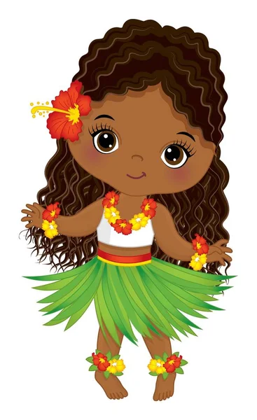 Cute Luau Little Girl Wearing Grass Skirt Dancing — Stock Vector