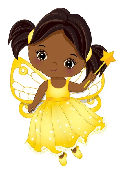 Cute African American Fairy Girl with Magic Wand — Stock Vector