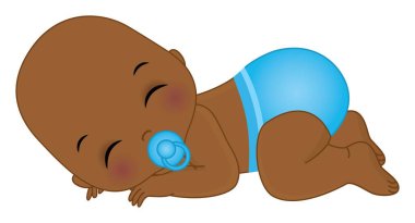 Mavi bebek bezi takan Afro-Amerikan bebek uyuyordu. Emziği olan Siyah Çocuk Vektörü