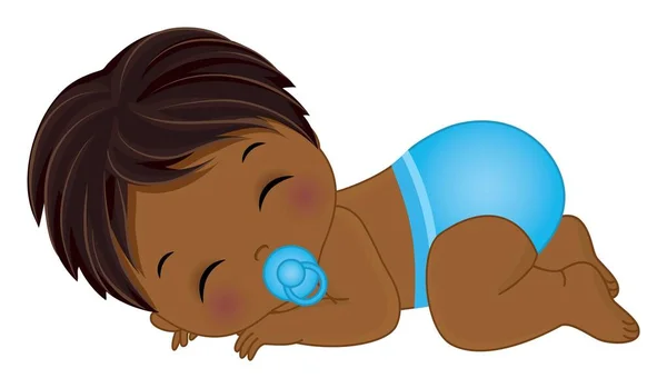 Bebé afroamericano usando pañal azul durmiendo. Vector negro bebé chico con chupete — Archivo Imágenes Vectoriales