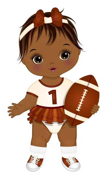 Linda niña afroamericana sosteniendo pelota de fútbol americano. Vector bebé niña con bola — Archivo Imágenes Vectoriales