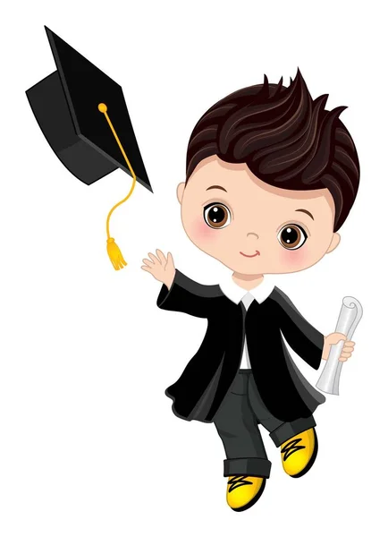 Graduación vectorial lindo niño sosteniendo diploma — Vector de stock