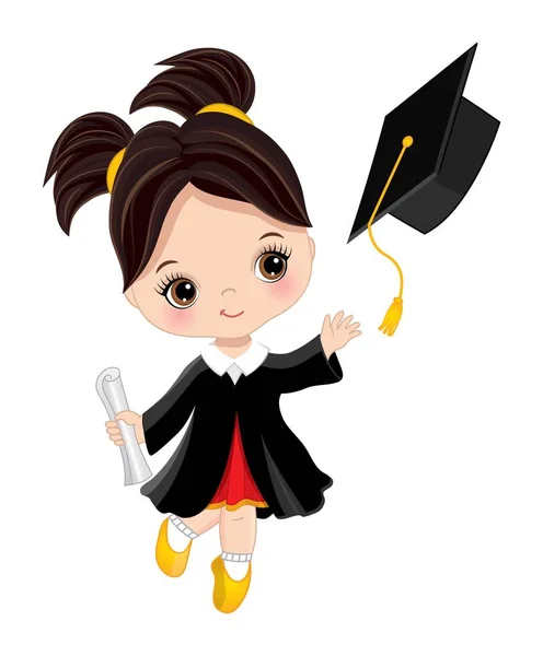 검은 옷을 입은 벡터 리틀걸 (Vector Cute Little Girl dressing in Black Gown Thowing Graduation Cap). 벡터 졸업 생소녀 — 스톡 벡터