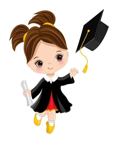 Linda niña vestida con vestido negro tirando el casquillo de graduación — Vector de stock