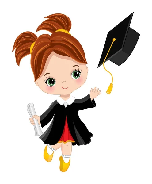 Diploma and Throwing Cap 를 들고 있는 어린 소녀가 졸업하다. 벡터 졸업 생소녀 — 스톡 벡터