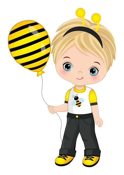 Lindo niño pequeño con abeja diadema antena y celebración globo de aire — Vector de stock