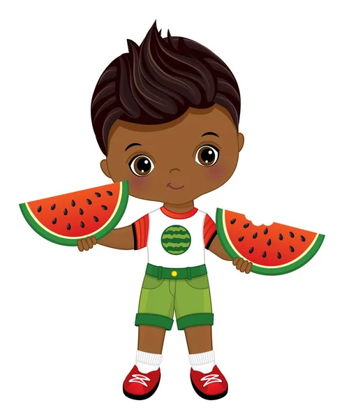 Niedlicher kleiner schwarzer Junge mit Scheiben Wassermelone — Stockvektor