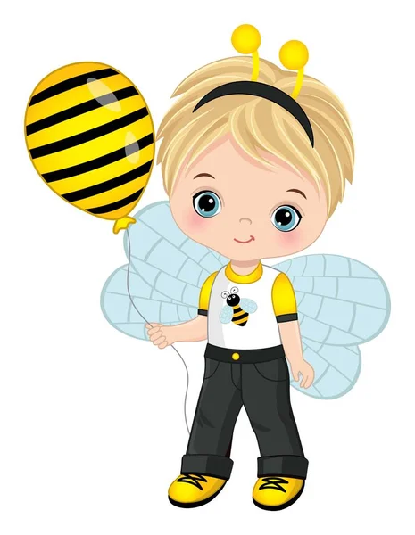 Schattig kleine jongen dragen bijen hoofdband antenne en houden luchtballon — Stockvector