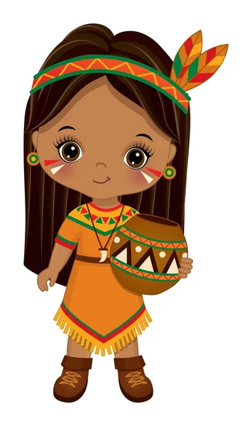 Indiánská indiánská roztomilá holčička s hrncem — Stockový vektor