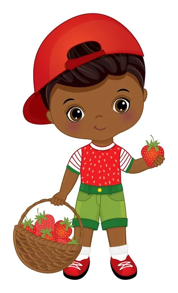 Niedlicher afroamerikanischer kleiner Junge mit Erdbeeren — Stockvektor