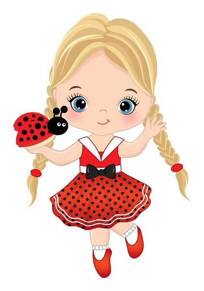 Vector Cute Little Blond Girl with Ladybug - Stok Vektor