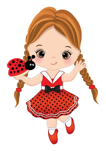 Vector Cute Little Redheaded Girl with Ladybug — Stock Vector
