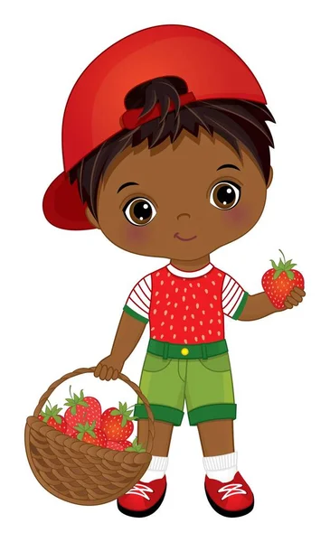 Lindo afroamericano pequeño niño con fresas — Archivo Imágenes Vectoriales