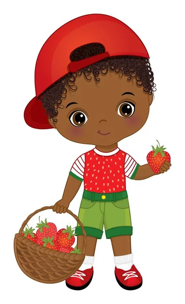 딸기를 곁들인 귀여운 아프리카 계 미국인 꼬마 — 스톡 벡터