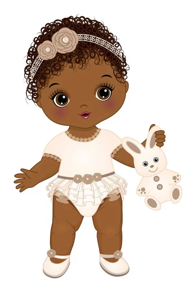 Africano americano lindo boho bebé chica con conejito — Vector de stock
