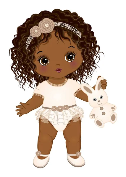 Africano americano lindo boho bebé chica con conejito — Vector de stock