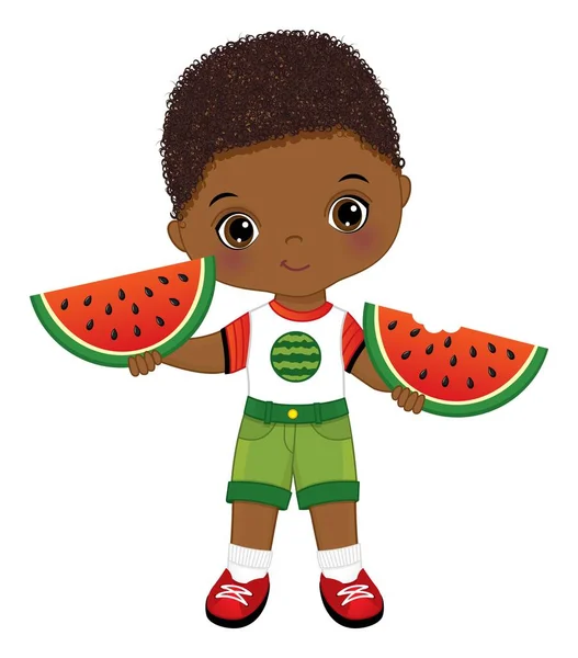 Lindo niño afroamericano con sandía — Vector de stock