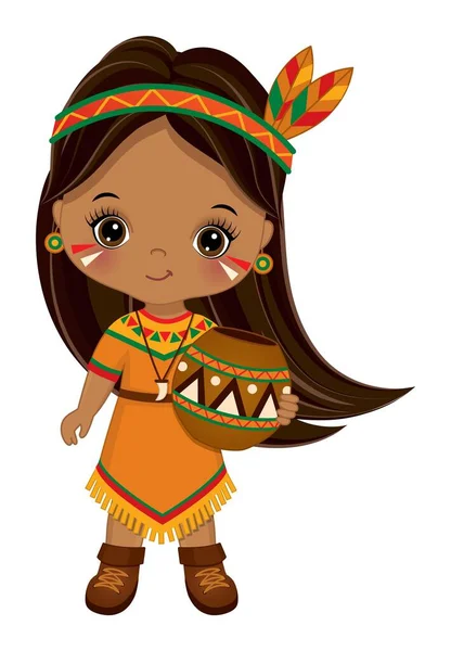 Native American Indian Cute Little Girl with Pot — Stock Vector