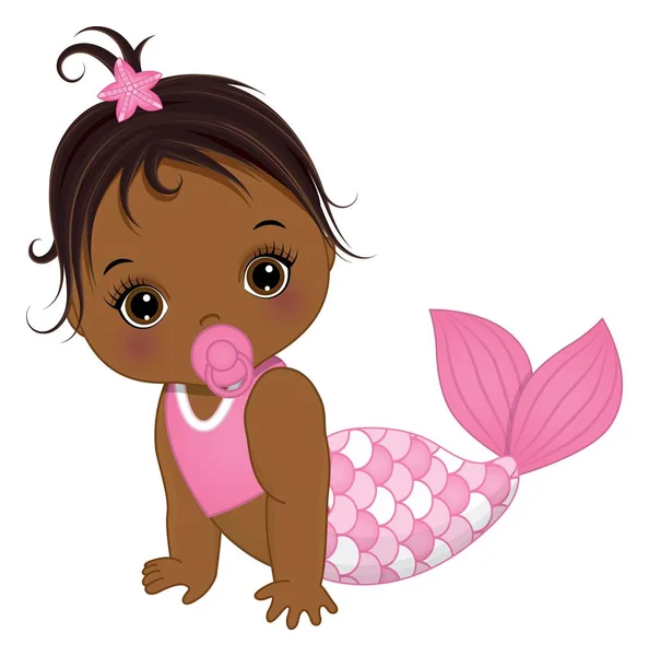 Leuke Afrikaanse Amerikaanse baby zeemeermin met Pacifier. Vector Baby Zeemeermin — Stockvector