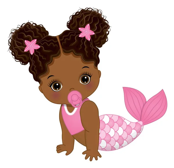 Leuke Afrikaanse Amerikaanse baby zeemeermin met Pacifier. Vector Baby Zeemeermin — Stockvector