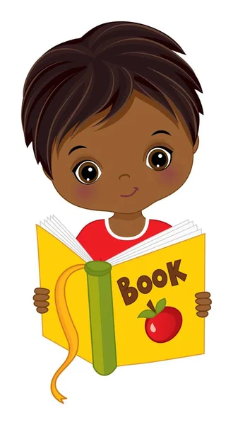 Słodki Afroamerykanin czyta książkę. Wektor mały chłopiec z książką — Wektor stockowy
