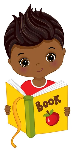 Cute African American Boy Reading Book. Vector Little Boy with Book — Stock Vector