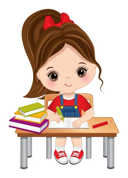 Petite fille brune mignonne assise au bureau — Image vectorielle