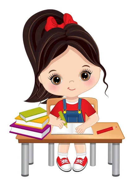 Linda niña morena sentada en el escritorio — Vector de stock