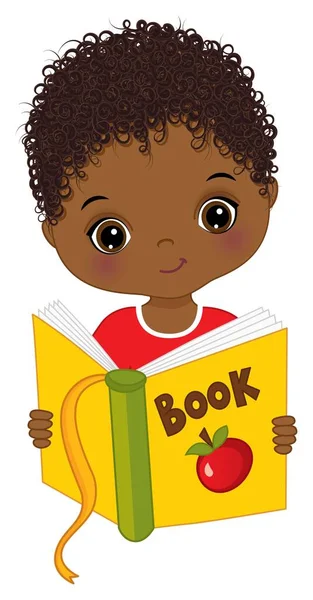 Cute African American Boy Reading Book. Vector Little Boy with Book — Stock Vector