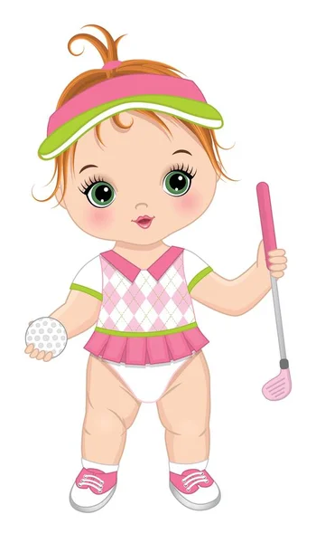 Wektor Cute Baby Girl gospodarstwa Golf Club i Ball. Dziewczyna wektor golfista — Wektor stockowy