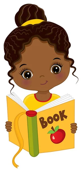 Cute African American Girl Reading Book. Vector Little Girl with Book — Stock Vector