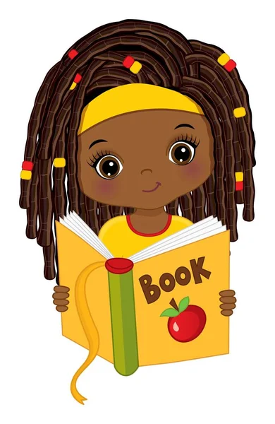 Cute African American Girl Czytanie książki. Wektor dziewczynka z książki — Wektor stockowy