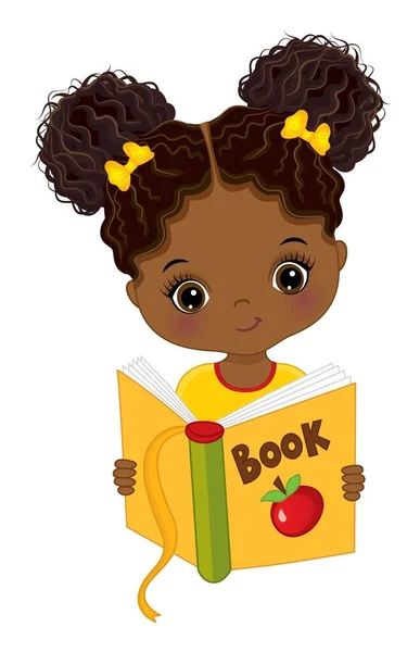 Cute African American Girl Reading Book. Vector Little Girl with Book — Stock Vector