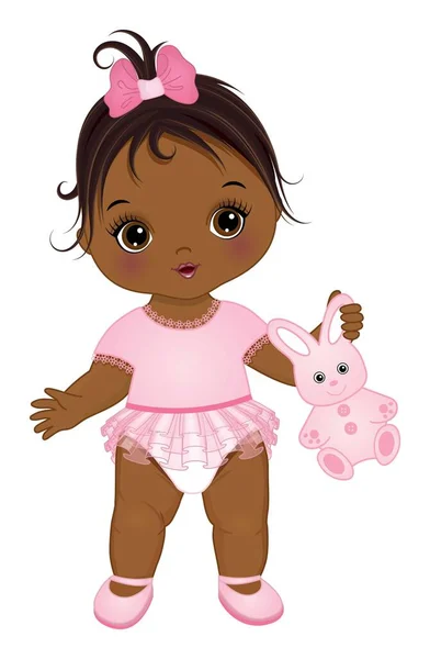 Little African American Baby Girl Holding Bunny Toy. Vector linda niña — Archivo Imágenes Vectoriales