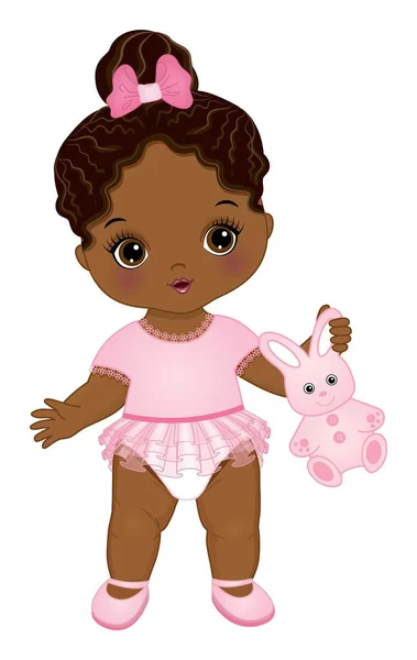 Little African American Baby Girl Holding Bunny Toy. Vector linda niña — Vector de stock