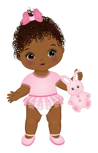 Little African American Baby Girl Holding Bunny Toy. Vector linda niña — Vector de stock