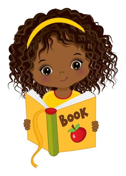 Симпатичная афро-американская книга для девочек. Векторная девочка с книгой — стоковый вектор