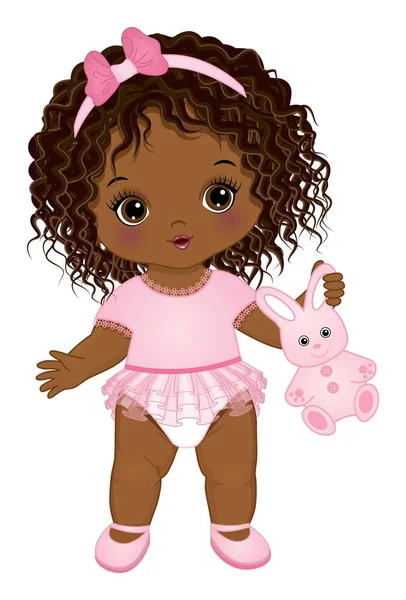 Kleine Afroamerikanerin mit Hasenspielzeug. Vector Cute Baby Mädchen — Stockvektor