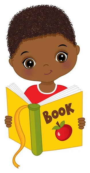 Cute African American Boy Reading Book. Vector Little Boy with Book — Stock Vector