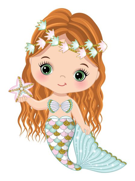 Симпатичная русалка с хвостиком и морскими звездами