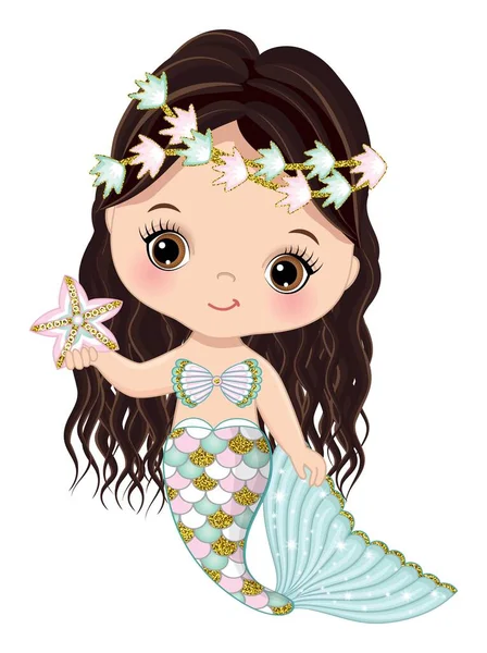Little Mermaid with Glitter Fishtail and Starfish — Stock Vector