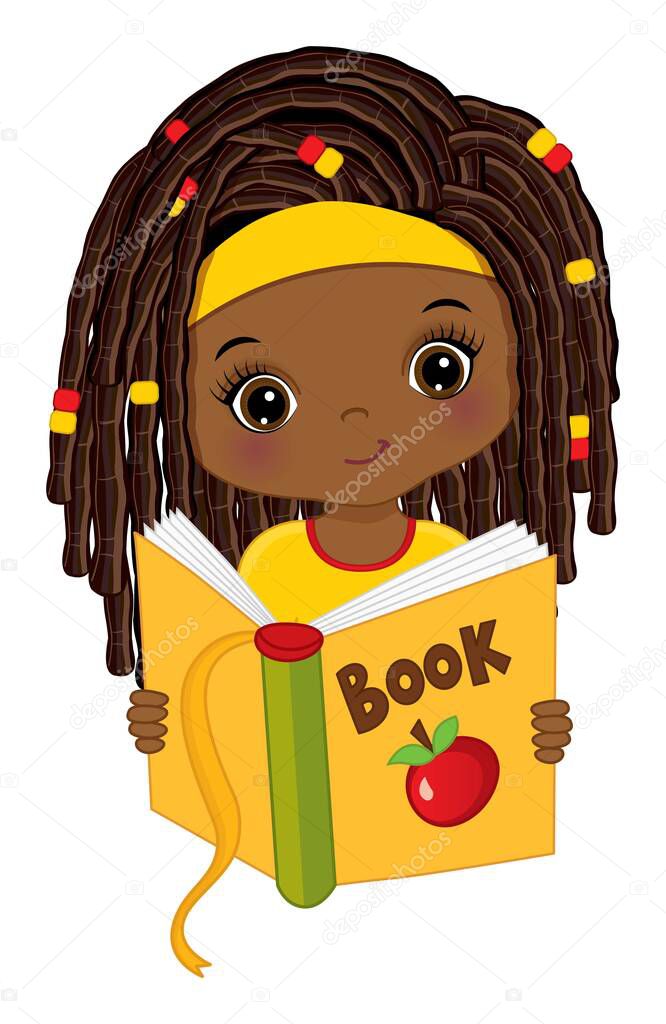 Cute African American Girl Reading Book. Vector Little Girl with Book