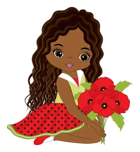 Belle fille noire avec bouquet de coquelicots rouges — Image vectorielle