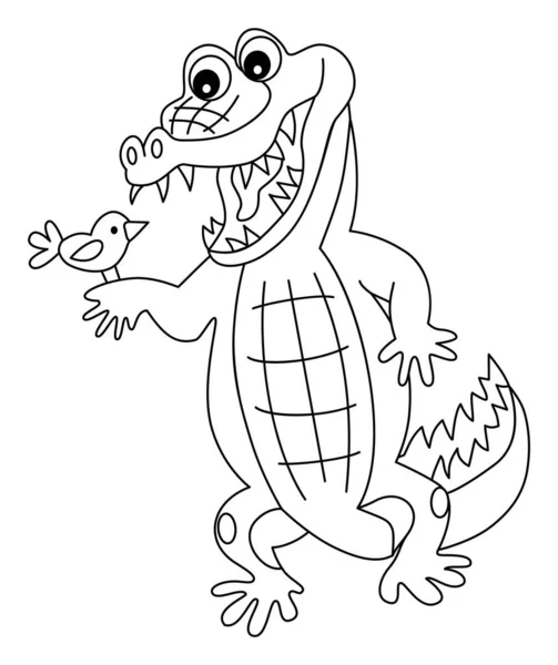 Vector Cute Cartoon Crocodile with the Bird. Vector Colouring Crocodile — Stock Vector