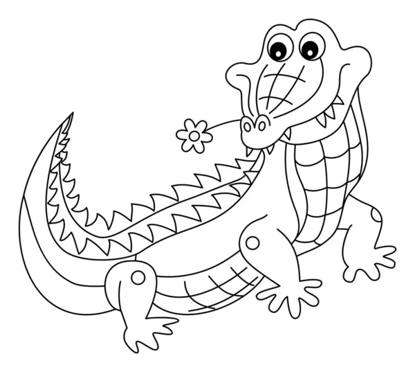 Cute Crocodile Holding Flower in the Mouth. Vector Colouring Crocodile — Stock Vector