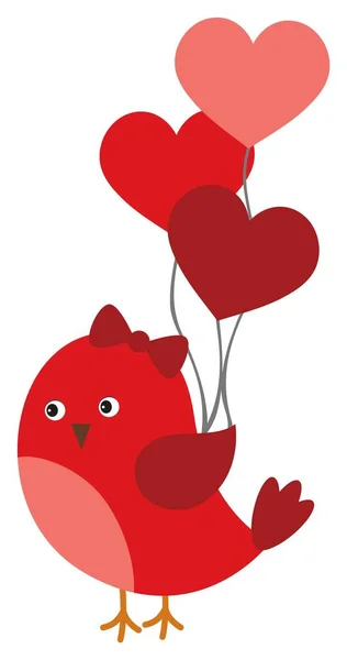 Cute Little Red Bird with Bow Holding Heart Shape Air Balloons . Vector Cute Red Bird — Stock Vector