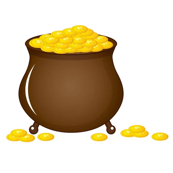 Irský hrnec plný zlatých mincí. Den svatého Patricka. Vektorový hrnec s mincemi — Stockový vektor