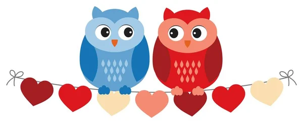 Lindos búhos enamorados sentados en banderas con forma de corazón. Pareja vectorial de búhos dulces — Vector de stock