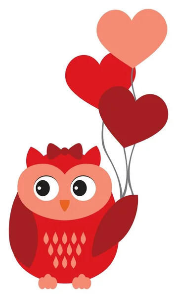 Lindo búho rojo con arco sosteniendo globos de aire en forma de corazón. Vector lindo búho en el amor — Vector de stock