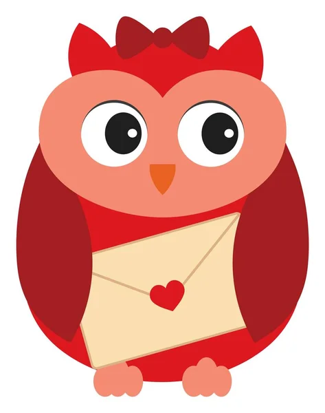 Cute Little Red Coruja com arco segurando carta de amor. Coruja bonito vetor no amor — Vetor de Stock